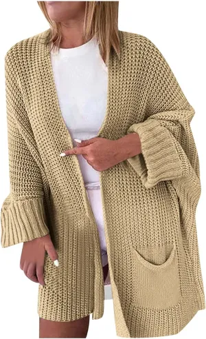 2023 Fall Casual Cardigan Sweaters for Women Long Sleeve Full Zipper Oversized Chunky Knit Cardigans Jacket Coat