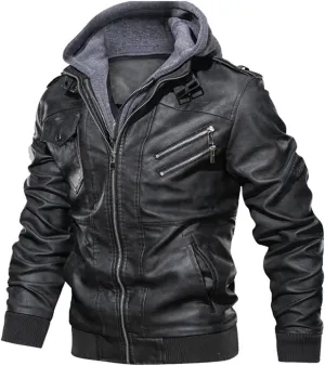 Alloaone Men Leather Jacket Coat Hooded Motorcycle PU Jacket Biker Faux Leather Jackets