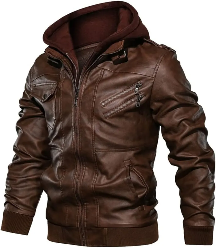 Alloaone Men Leather Jacket Coat Hooded Motorcycle PU Jacket Biker Faux Leather Jackets