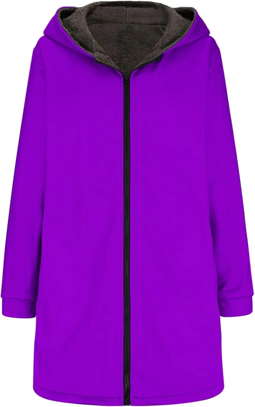 Anjikang Zip Up Fleece Jackets Women Winter Warm Sherpa Lined Hooded Coats Cozy Fuzzy Heavyweight Outwear Jacket with Pockets