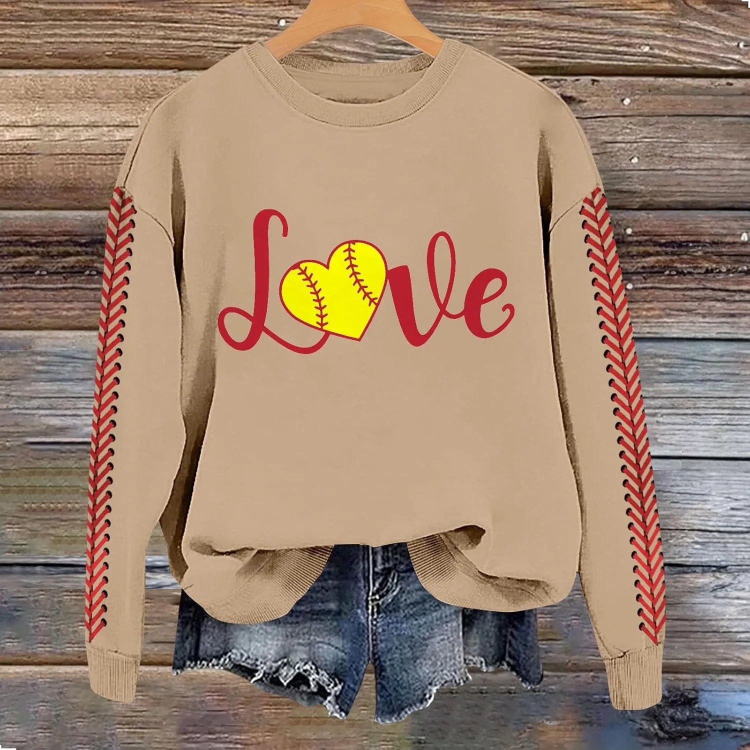 Baseball Sweatshirt for Womens 2025 Long Sleeves Round Neck Pullover Baseball Letter Print Blouses Fall Workout Tops