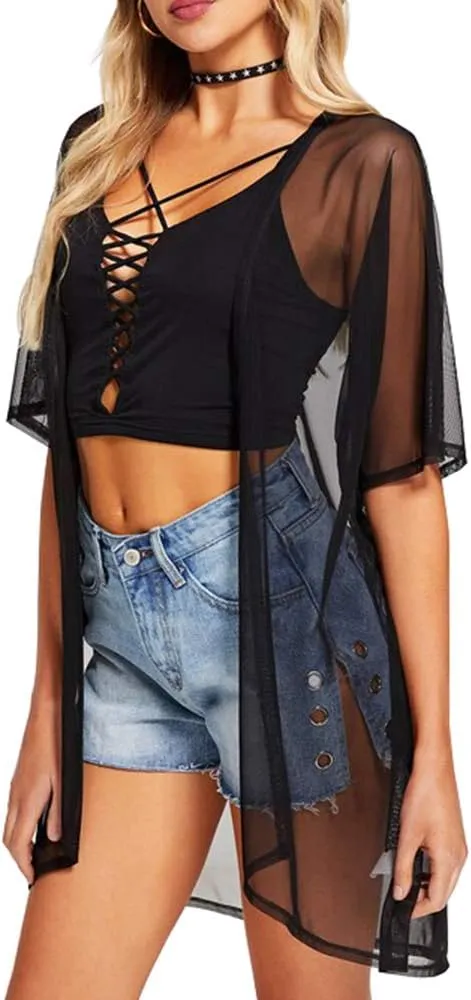 BelleLovin Sheer Cardigans for Women Half Sleeve Open Front Mesh Kimono Coverups