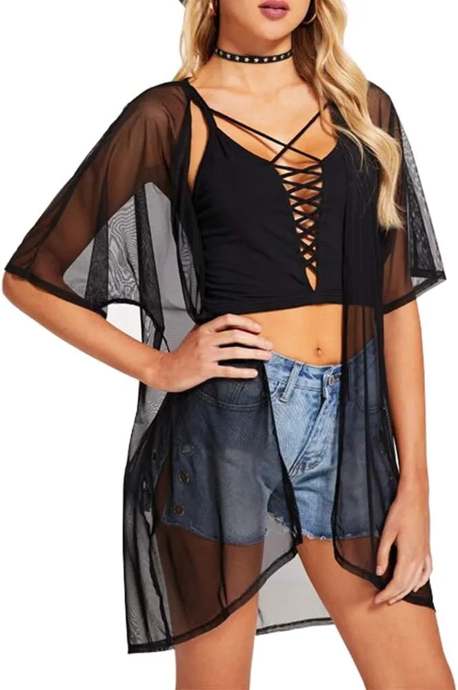 BelleLovin Sheer Cardigans for Women Half Sleeve Open Front Mesh Kimono Coverups