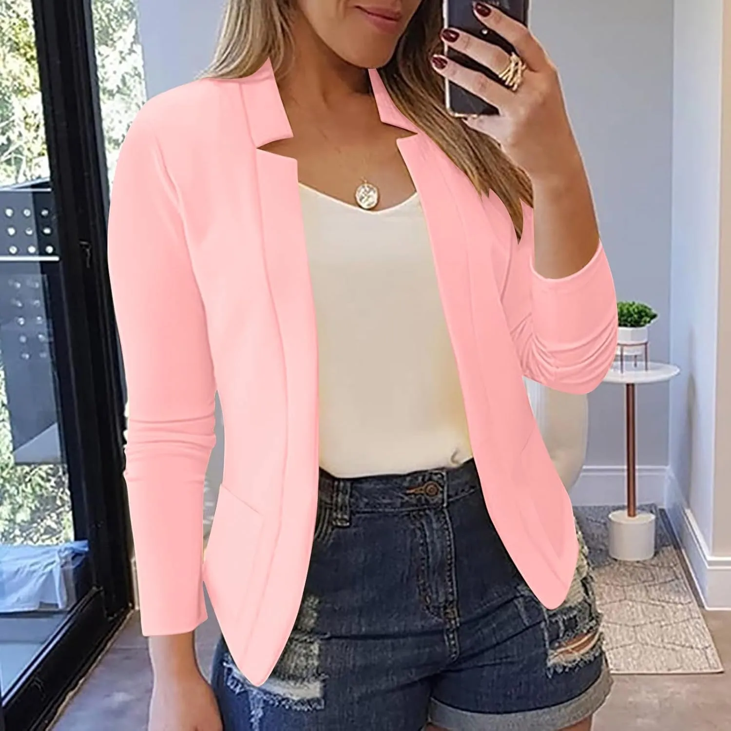 Binmer Women Lightweight Long Sleeve Crop Blazer Casual Open Front Business Suit Notched Collar Work Office Coat Plus Size