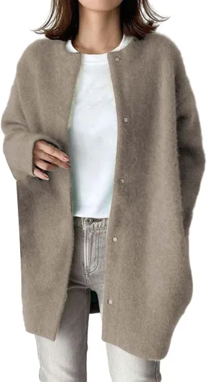 Black Trench Coat Women,Women's Wool Coat Slim Trench Long Coat Fall Winter Elegant Round Neck Straight Sweaters