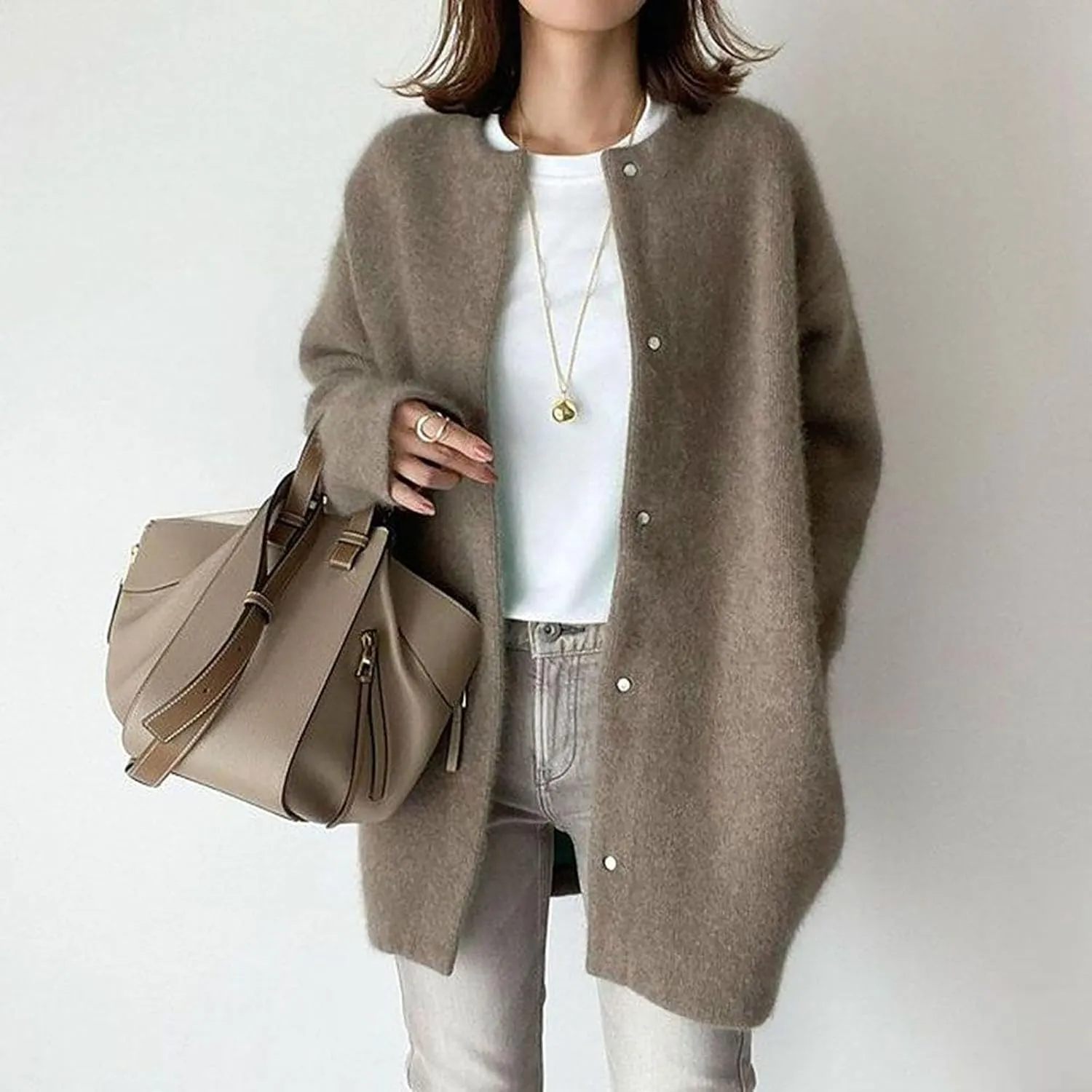 Black Trench Coat Women,Women's Wool Coat Slim Trench Long Coat Fall Winter Elegant Round Neck Straight Sweaters