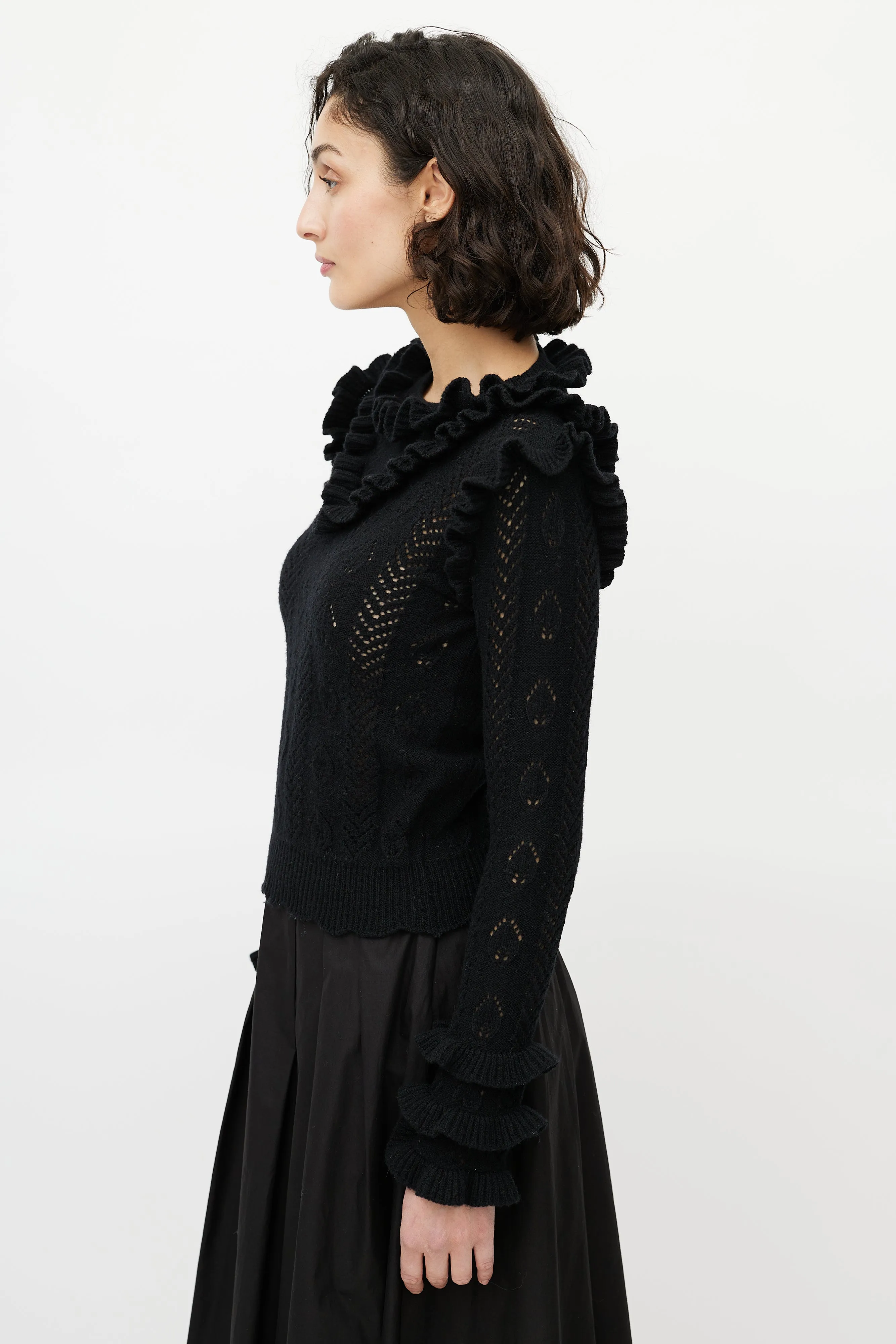 Black Wool Knit Ruffled Trim Sweater