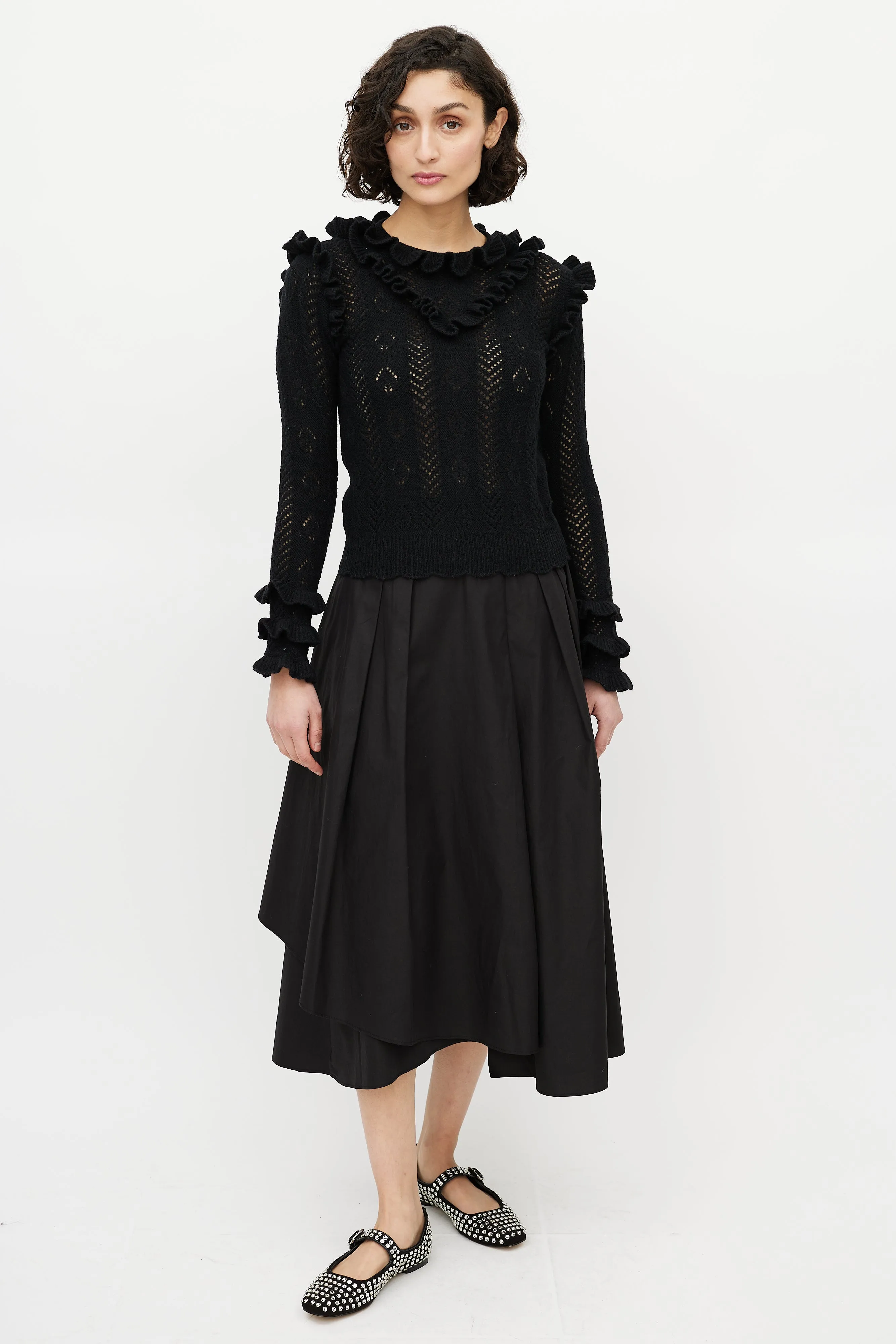 Black Wool Knit Ruffled Trim Sweater