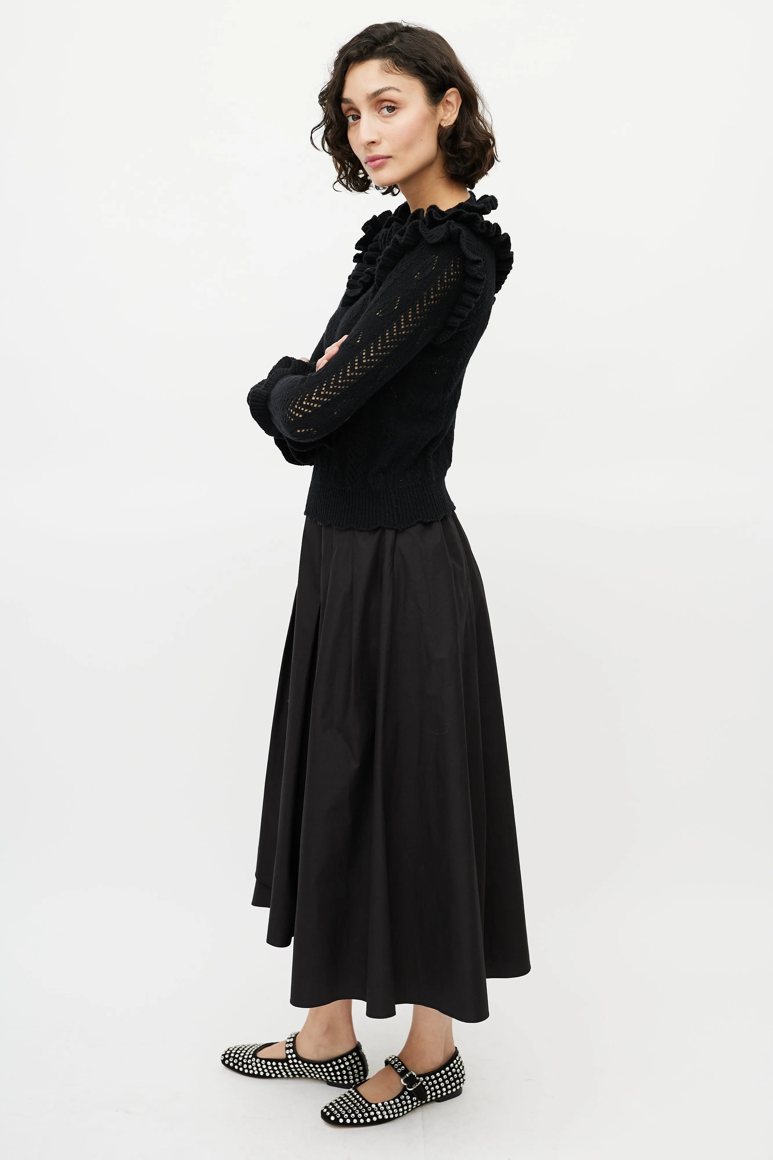Black Wool Knit Ruffled Trim Sweater
