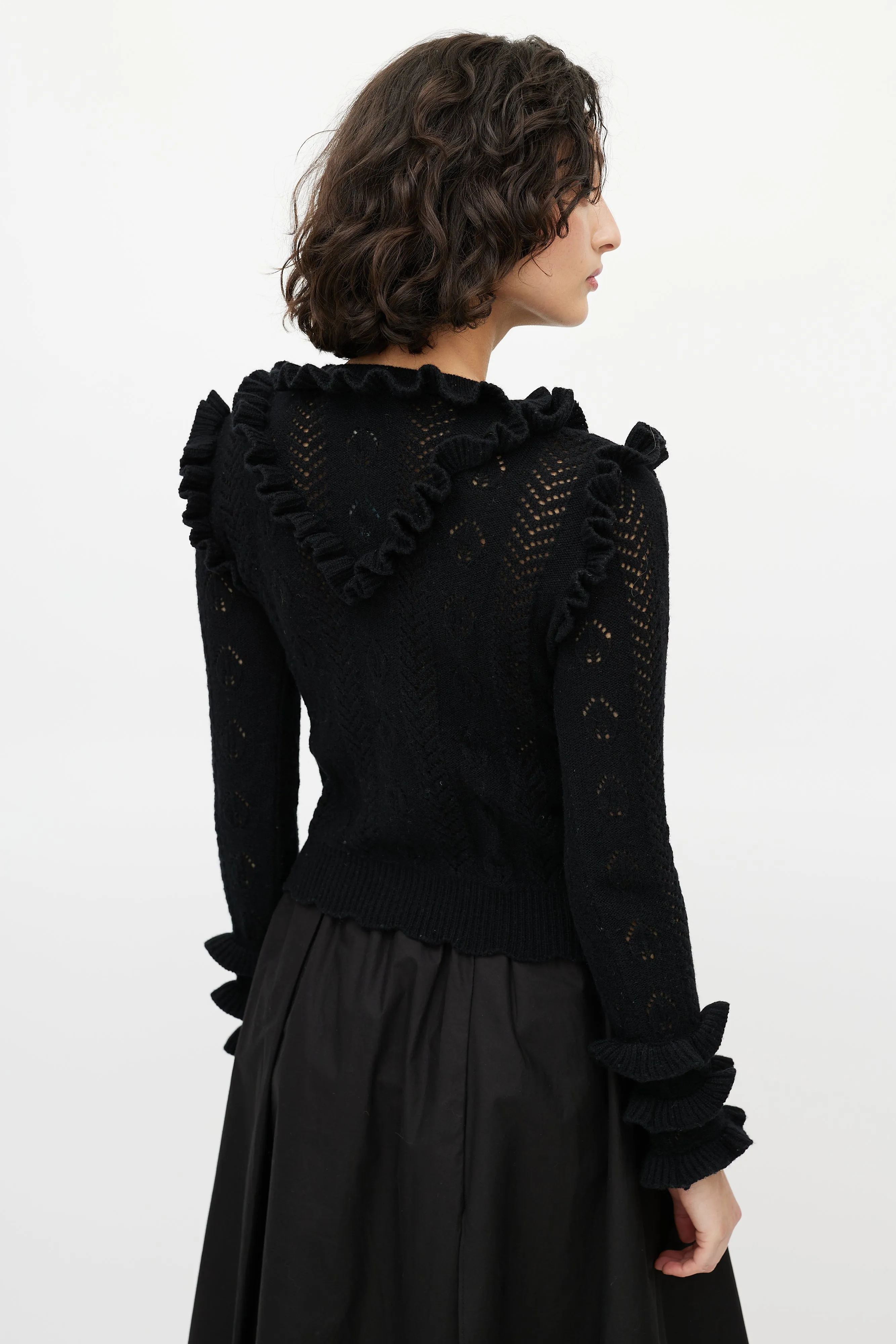 Black Wool Knit Ruffled Trim Sweater