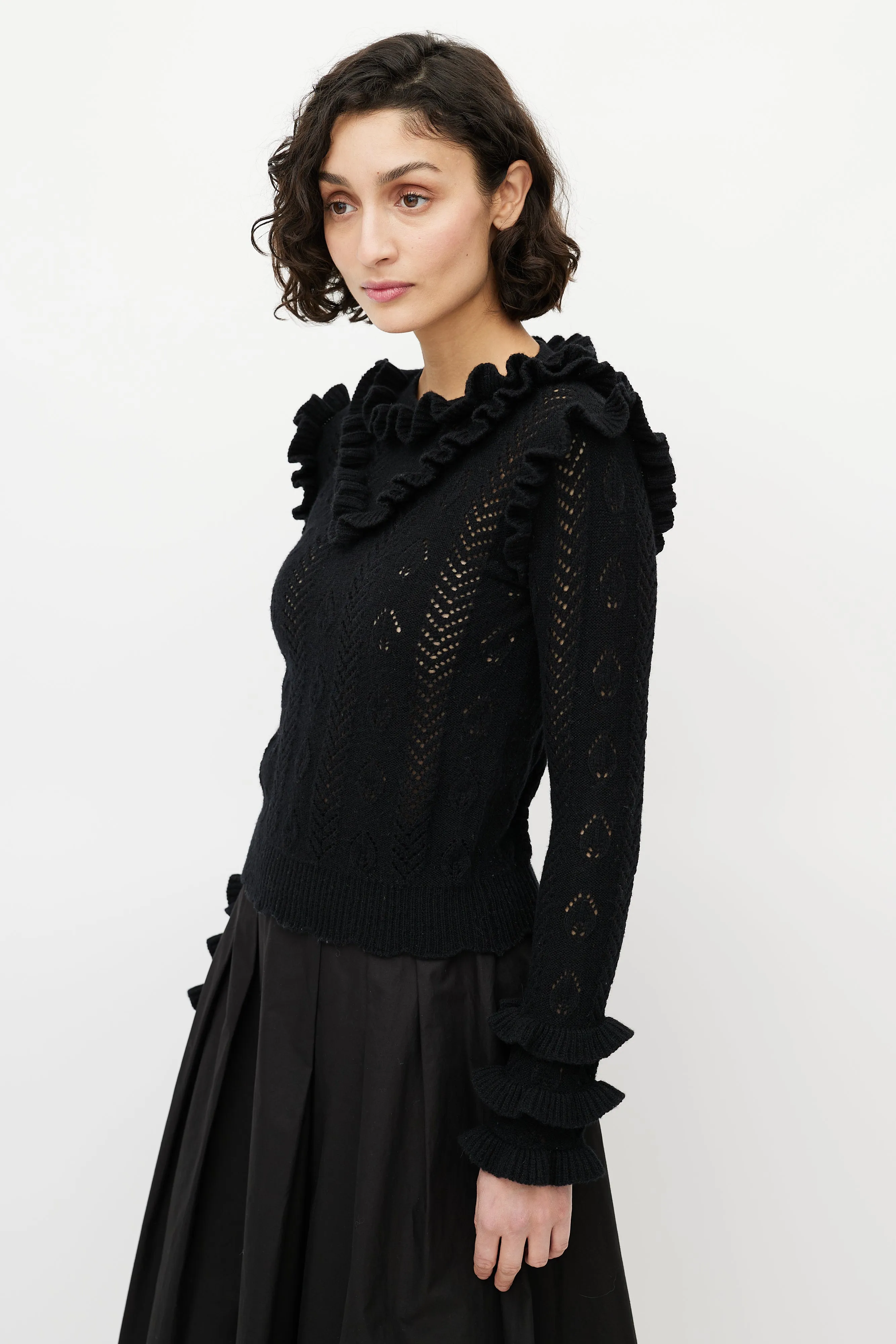 Black Wool Knit Ruffled Trim Sweater