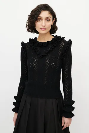Black Wool Knit Ruffled Trim Sweater