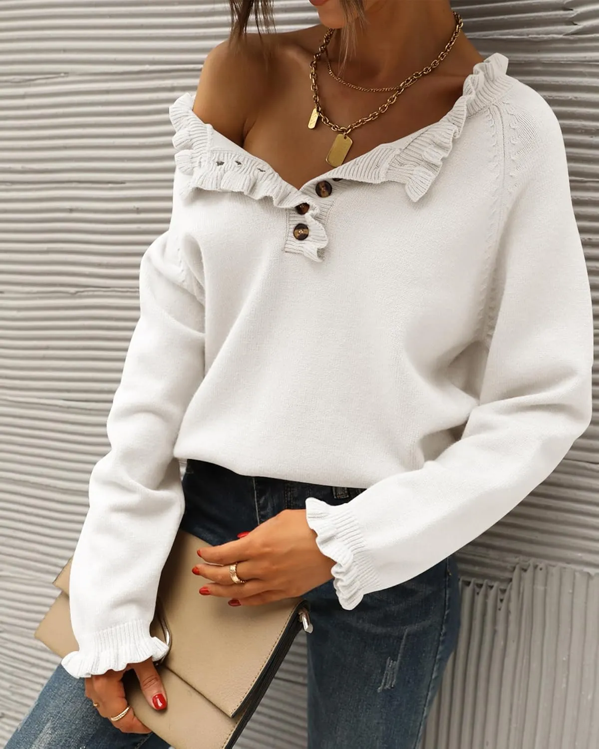 BTFBM Womens Sweaters Fall Winter Clothes 2025 Long Sleeve Button Down Ruffle Crew Neck Casual Knitted Pullover Tops