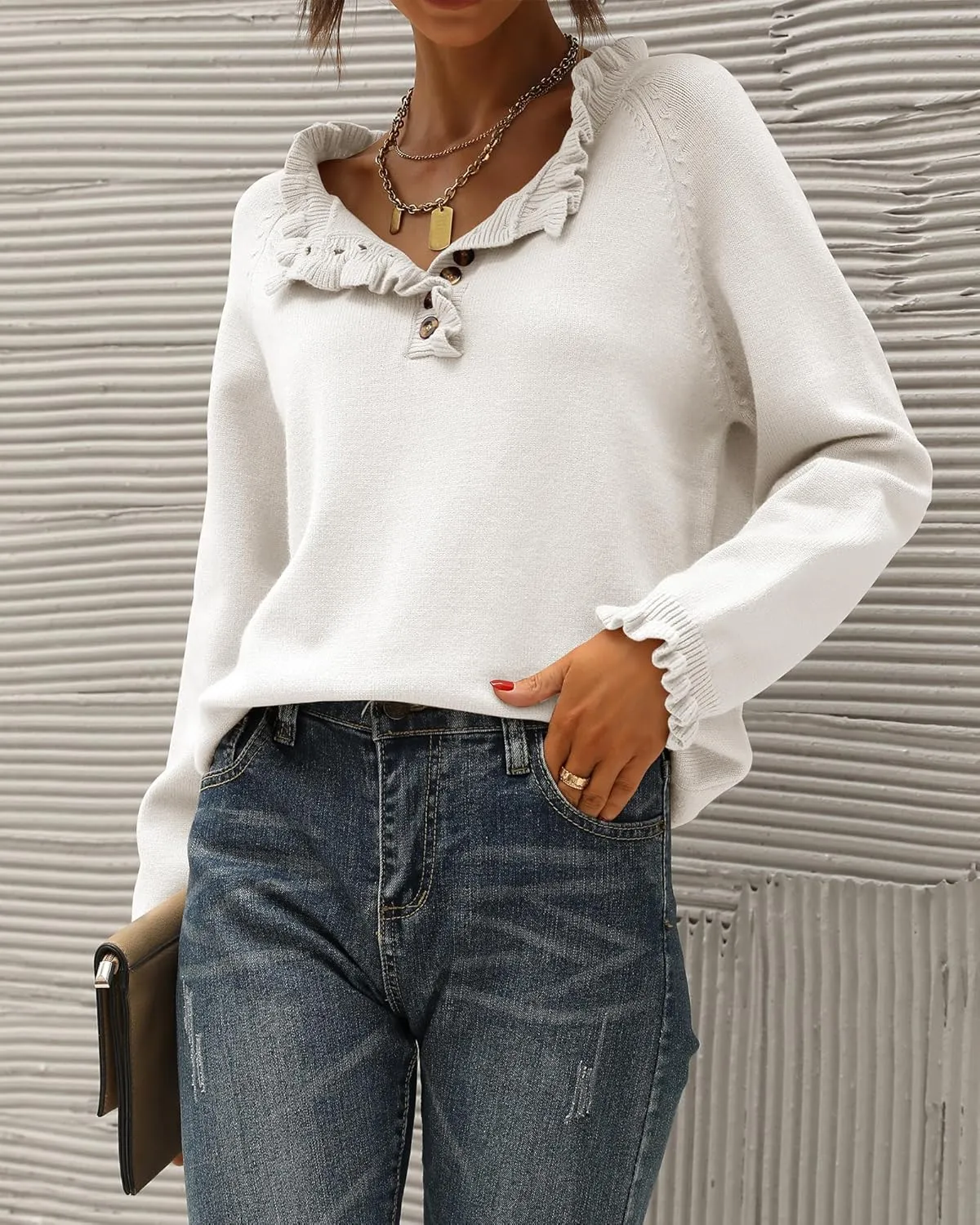 BTFBM Womens Sweaters Fall Winter Clothes 2025 Long Sleeve Button Down Ruffle Crew Neck Casual Knitted Pullover Tops