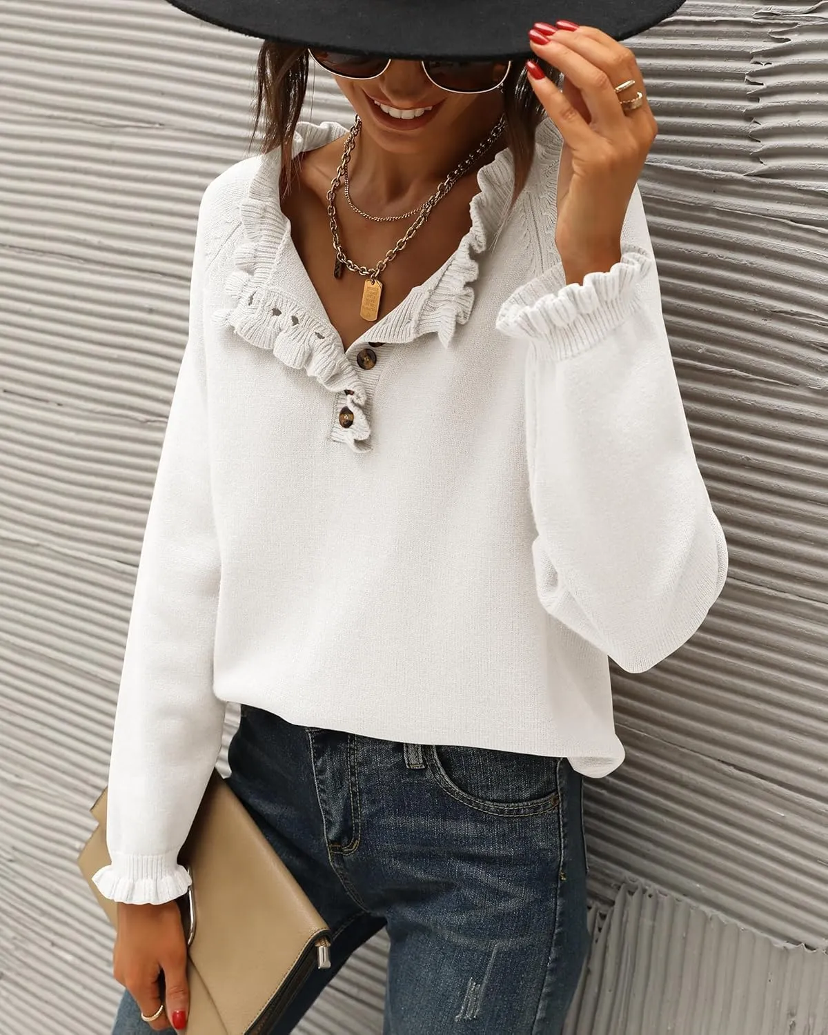 BTFBM Womens Sweaters Fall Winter Clothes 2025 Long Sleeve Button Down Ruffle Crew Neck Casual Knitted Pullover Tops