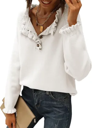 BTFBM Womens Sweaters Fall Winter Clothes 2025 Long Sleeve Button Down Ruffle Crew Neck Casual Knitted Pullover Tops