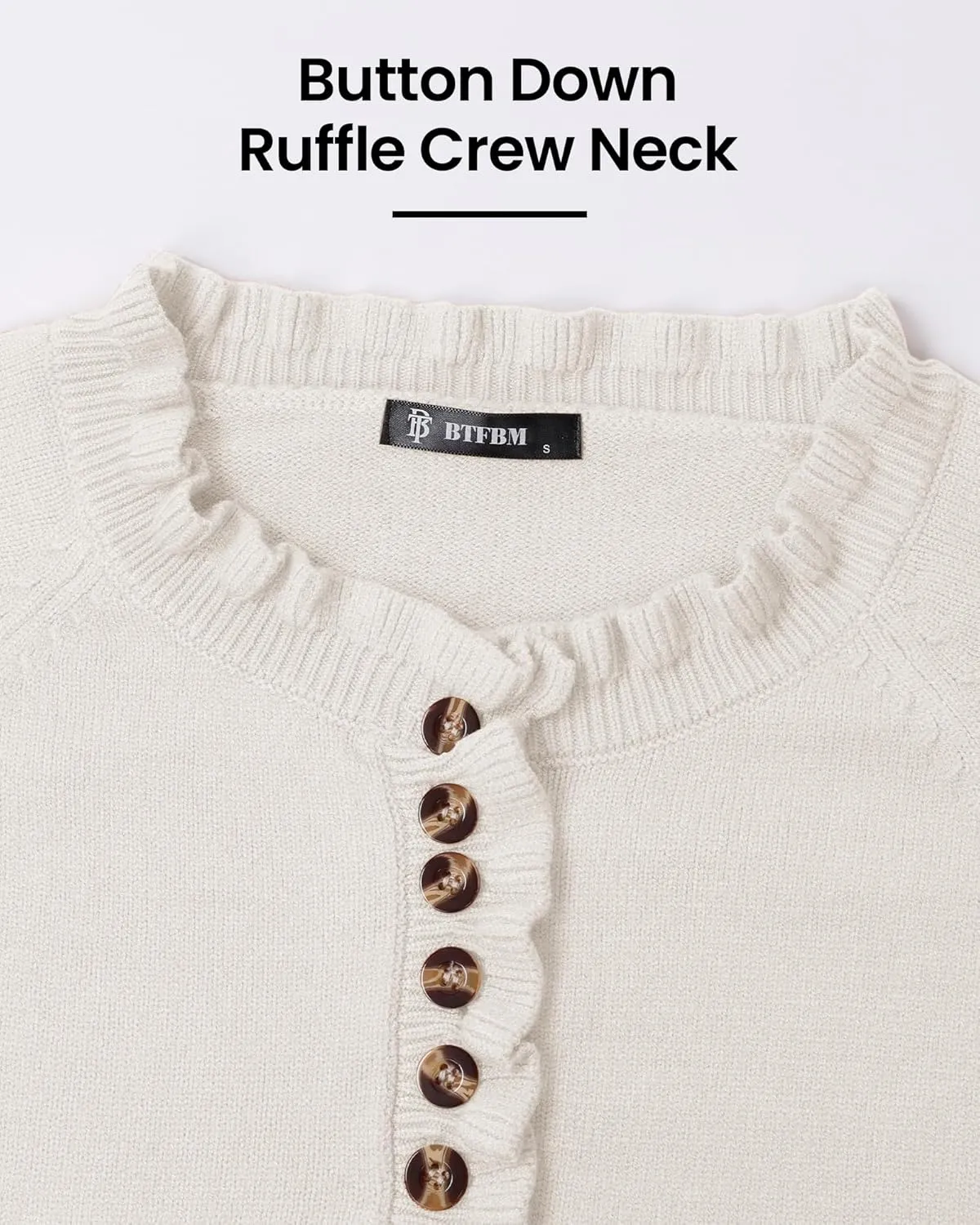 BTFBM Womens Sweaters Fall Winter Clothes 2025 Long Sleeve Button Down Ruffle Crew Neck Casual Knitted Pullover Tops