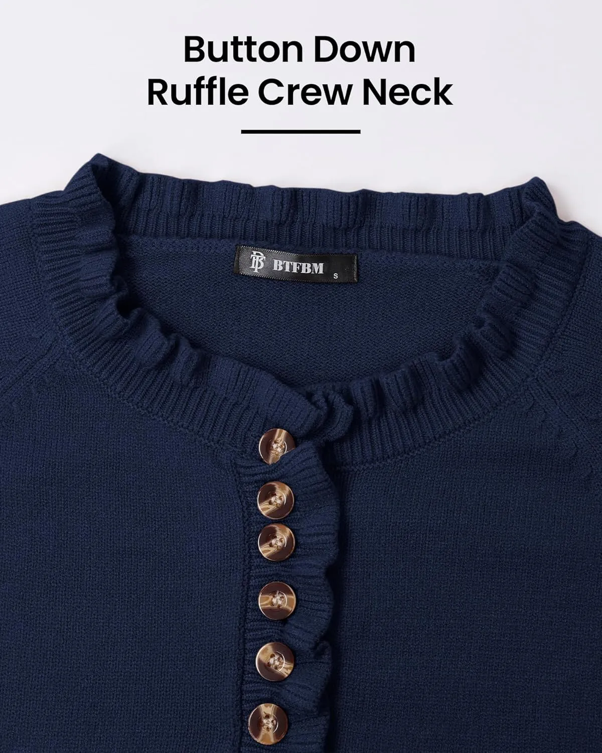 BTFBM Womens Sweaters Fall Winter Clothes 2025 Long Sleeve Button Down Ruffle Crew Neck Casual Knitted Pullover Tops