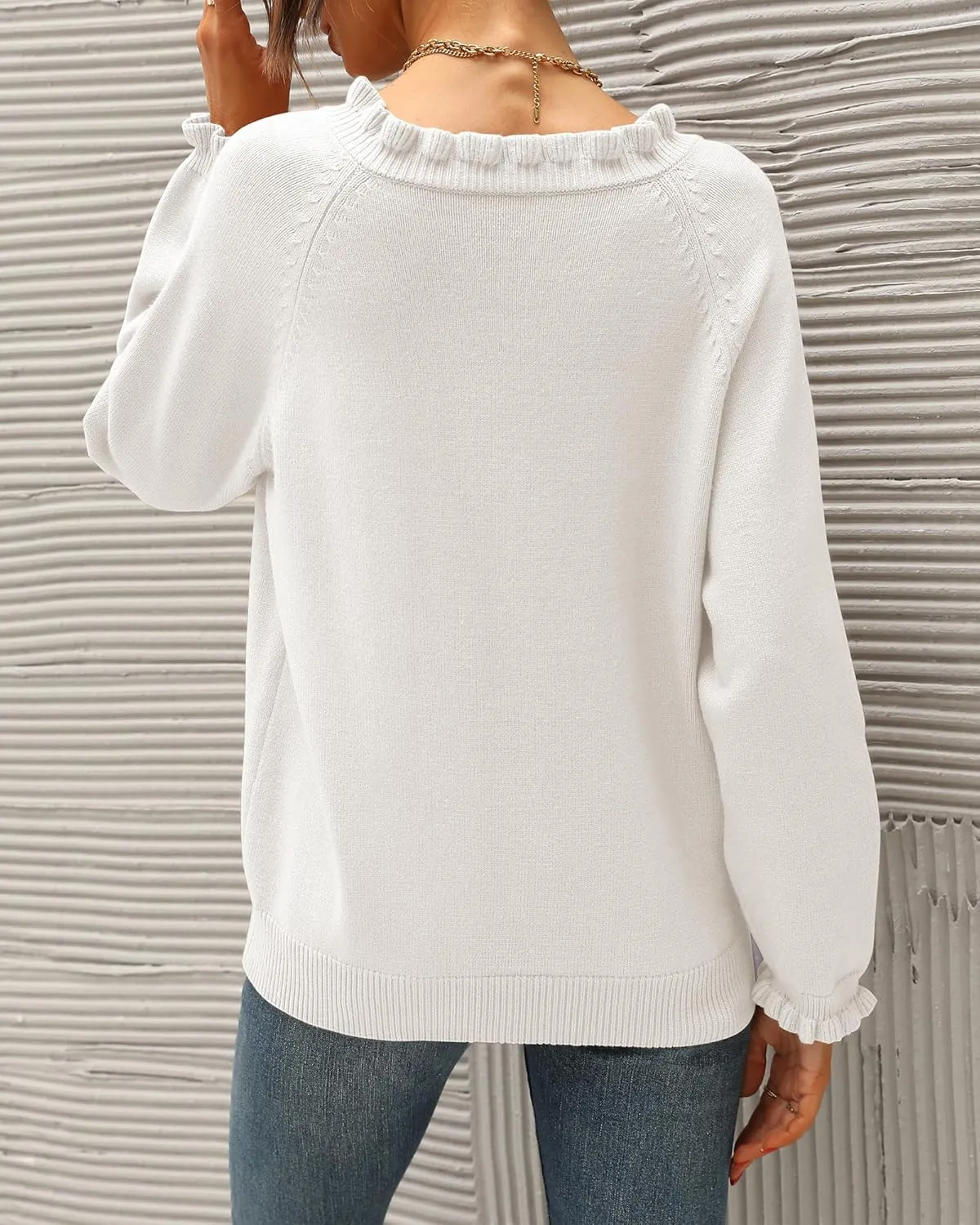 BTFBM Womens Sweaters Fall Winter Clothes 2025 Long Sleeve Button Down Ruffle Crew Neck Casual Knitted Pullover Tops