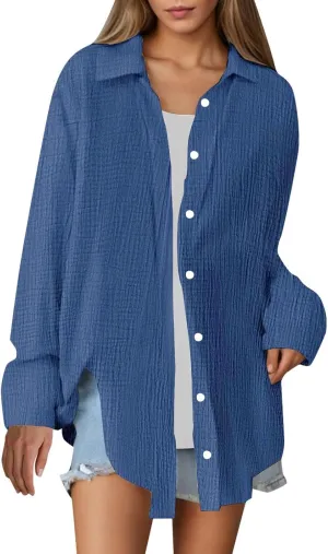Button Down Sun Shirts for Women Long Sleeve Oversized Cardigan Blouse Boyfriend Collared Beach Cover Up with Pockets