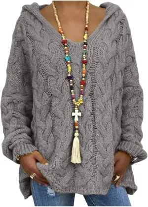 Cable Knit Sweater Women Oversized Hoodie Sweaters Casual Long Sleeve V Neck Pullover Top Loose Hooded Jumper Knitwear
