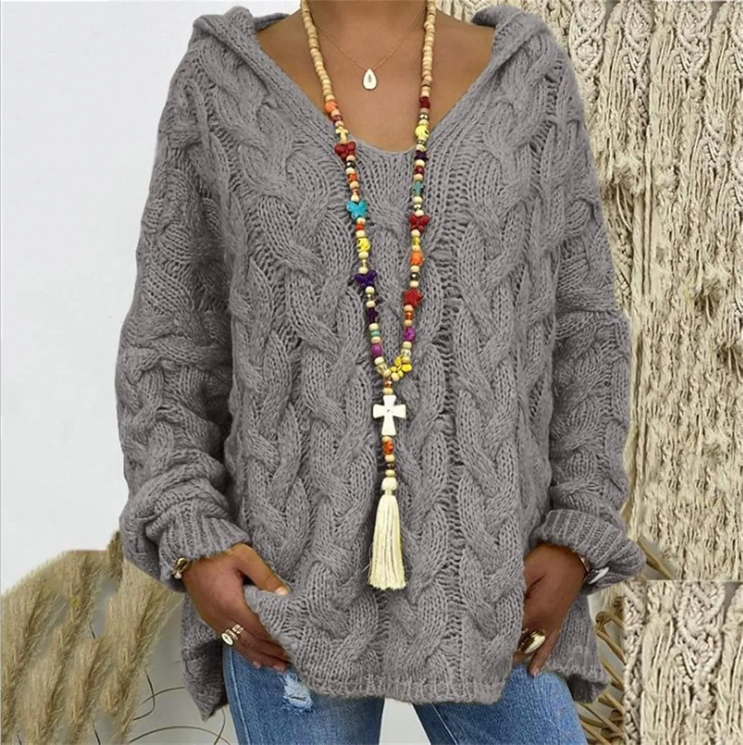 Cable Knit Sweater Women Oversized Hoodie Sweaters Casual Long Sleeve V Neck Pullover Top Loose Hooded Jumper Knitwear