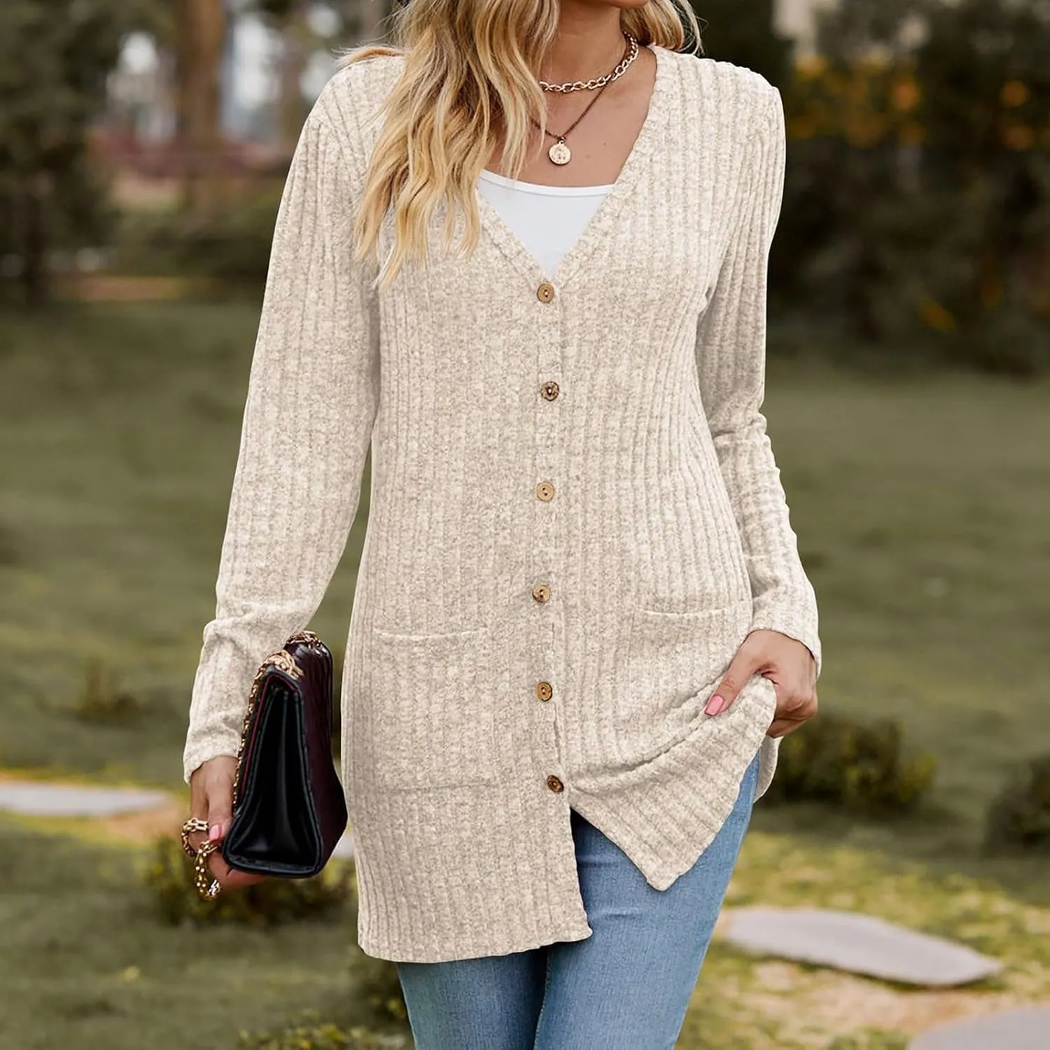 Cardigan for Women Long Sleeve Open Front Button Solid Sweaters Chunky Knit Slouchy Dropped Casual Outerwear Tops with Pocket