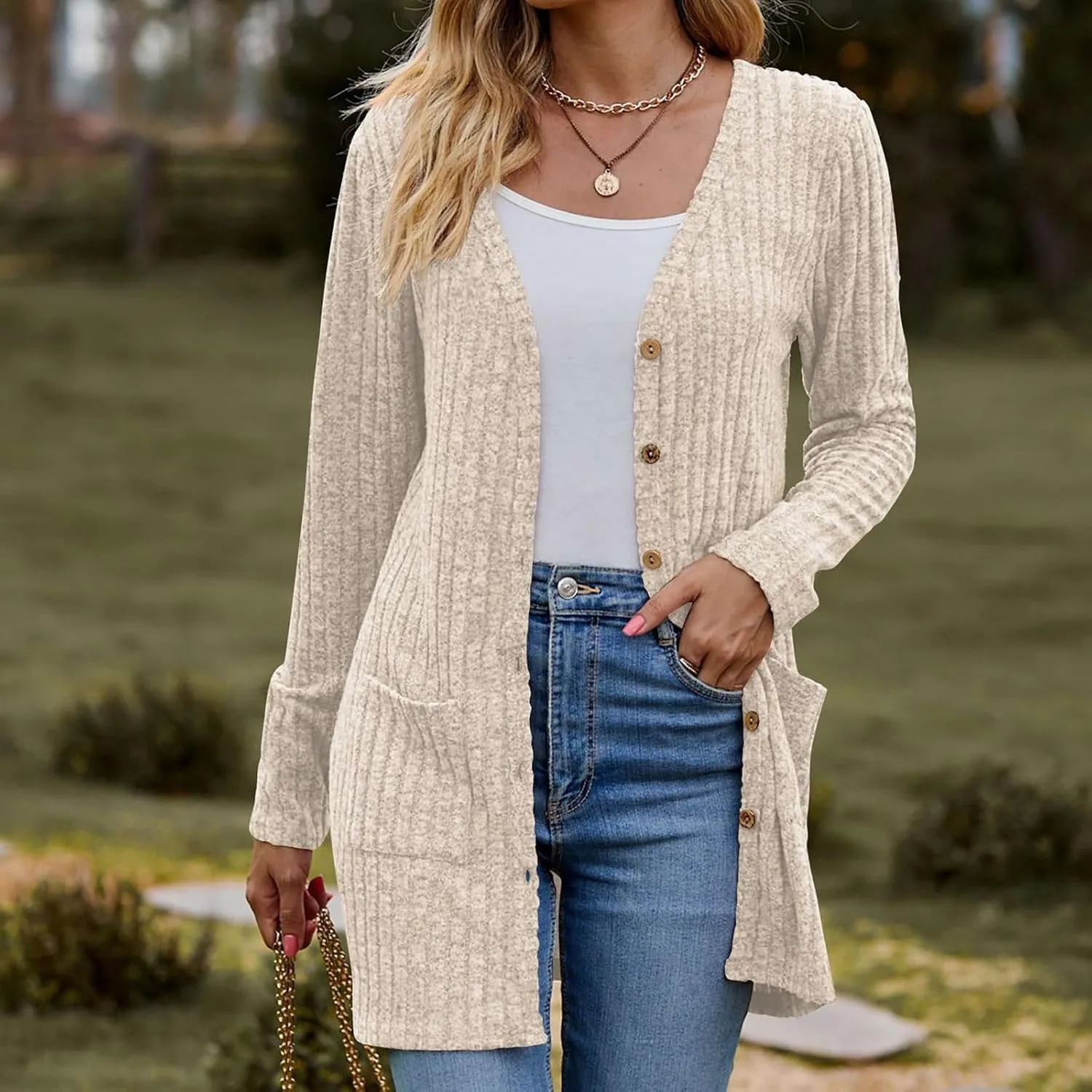 Cardigan for Women Long Sleeve Open Front Button Solid Sweaters Chunky Knit Slouchy Dropped Casual Outerwear Tops with Pocket