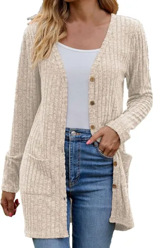 Cardigan for Women Long Sleeve Open Front Button Solid Sweaters Chunky Knit Slouchy Dropped Casual Outerwear Tops with Pocket