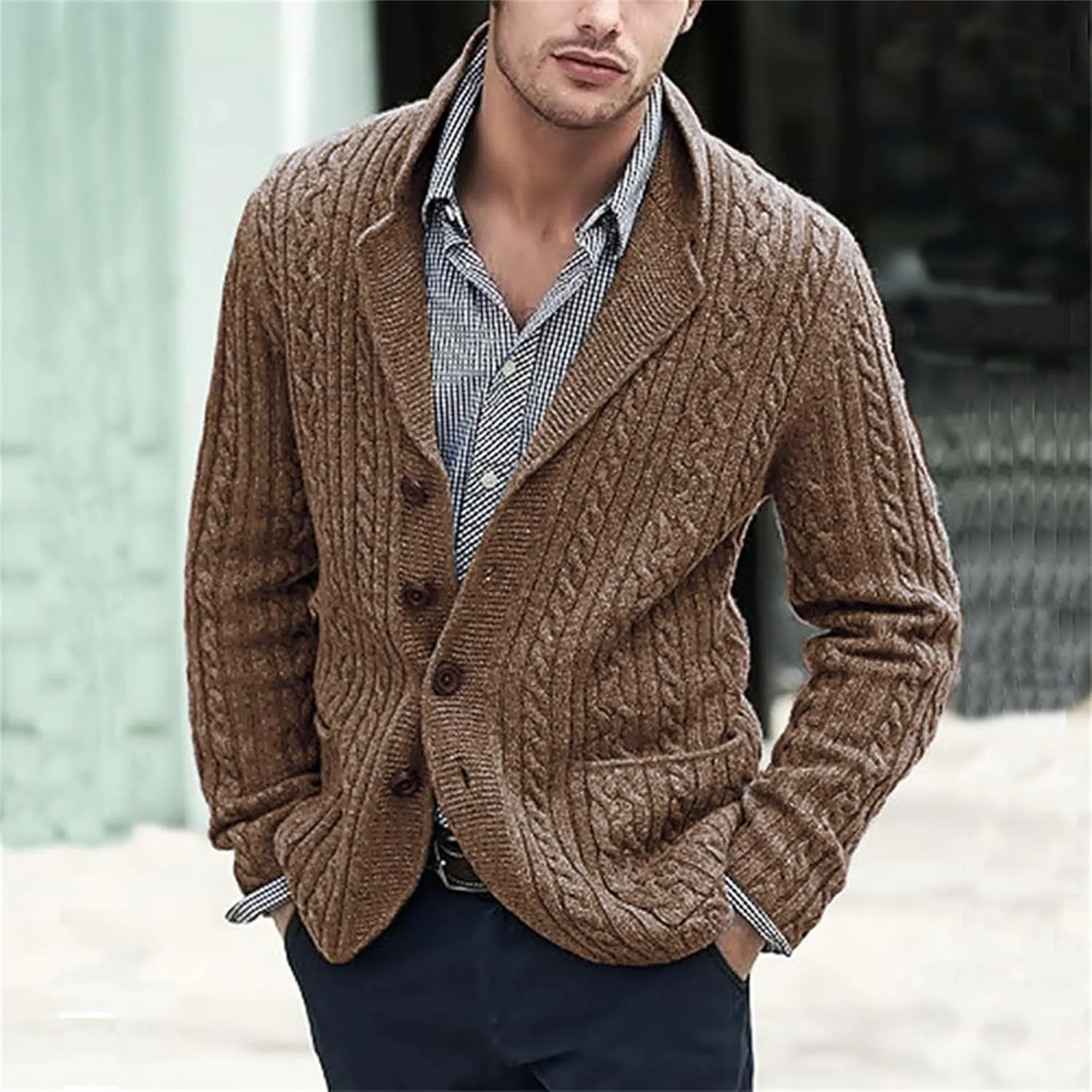 Cardigan Sweater for Men Lapel Button Down Coat Loose Casual Sweaters Long Sleeve Business Tops Vintage Coat Trendy