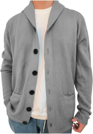 Cardigan Sweater for Men Shawl Collar Knit Cardigan Big and Tall Cardigan Sweater Button Down Knit Sweater with Pocket