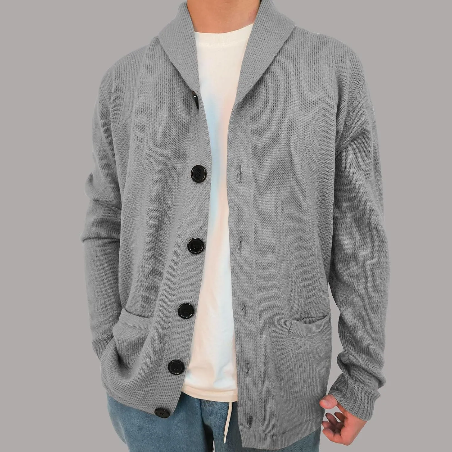 Cardigan Sweater for Men Shawl Collar Knit Cardigan Big and Tall Cardigan Sweater Button Down Knit Sweater with Pocket