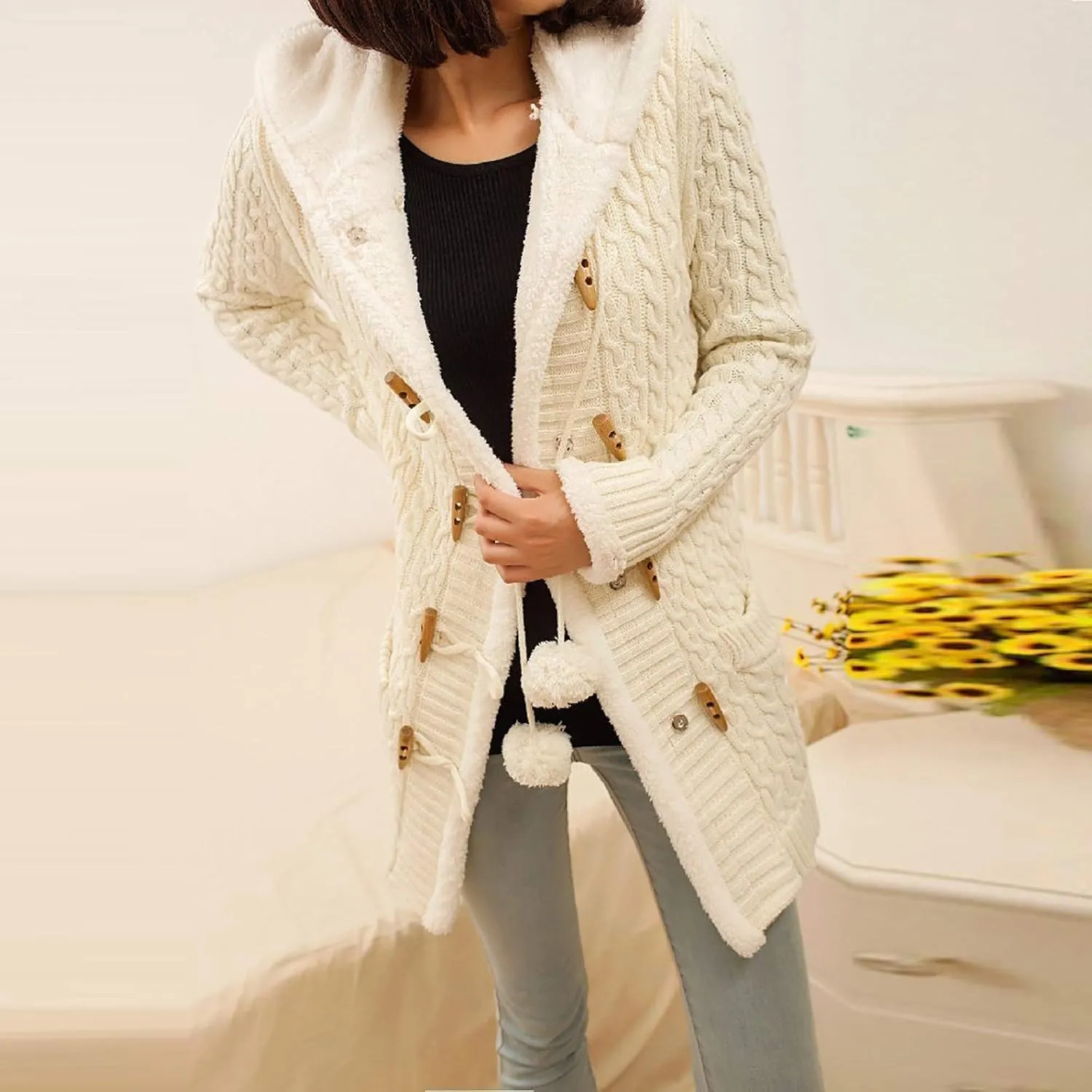 Cardigan Sweaters for Women Hooded Fleece Lined Button Down Front Jackets Winter Coat with Pockets