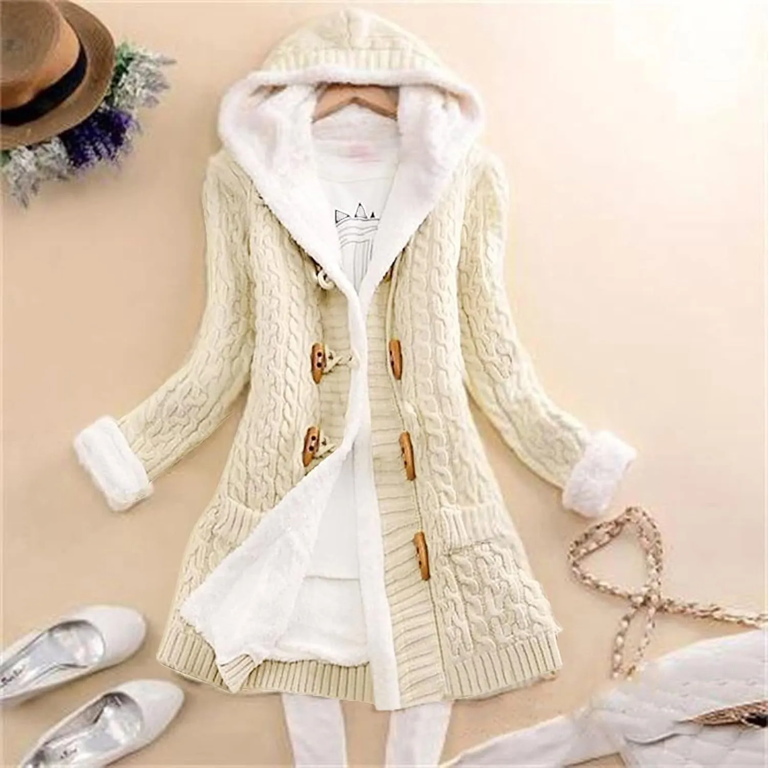 Cardigan Sweaters for Women Hooded Fleece Lined Button Down Front Jackets Winter Coat with Pockets