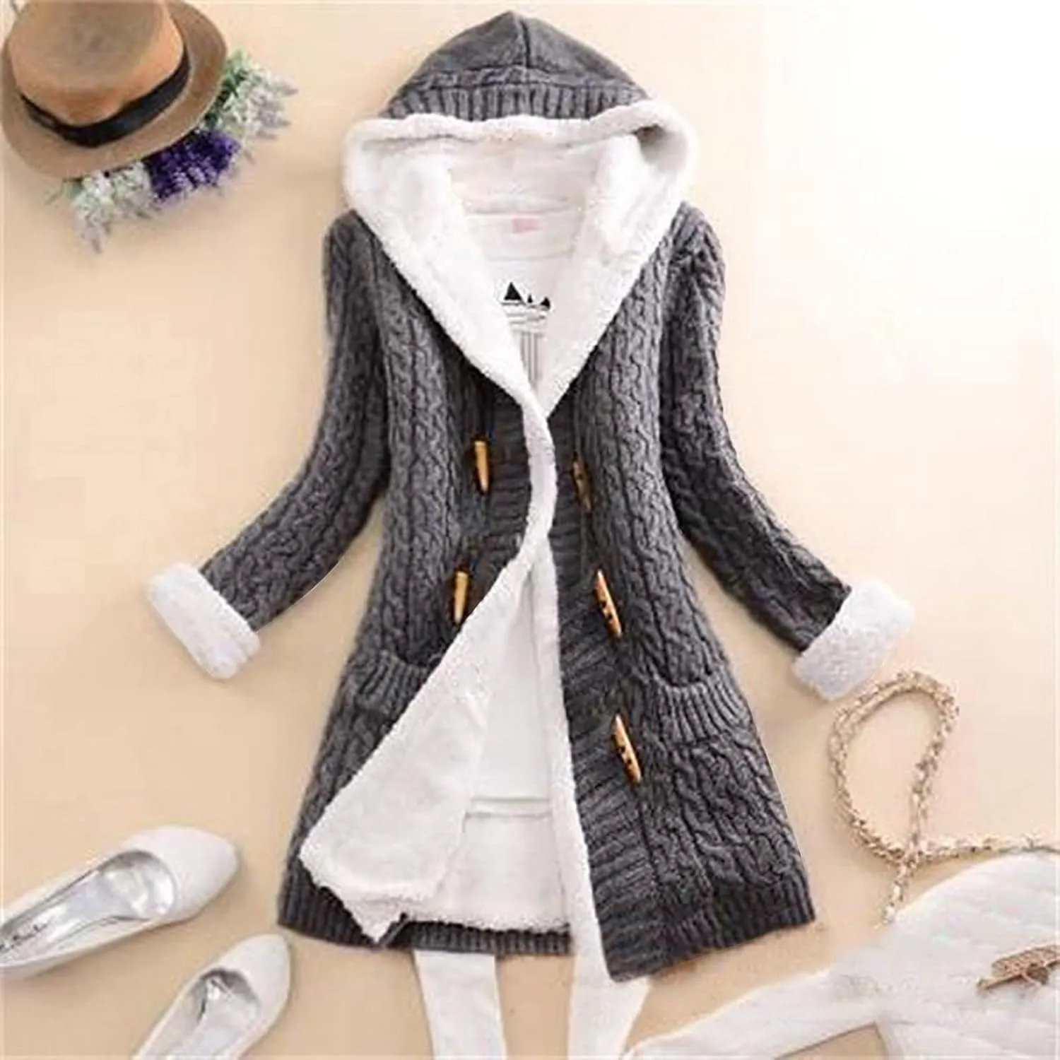 Cardigan Sweaters for Women Hooded Fleece Lined Button Down Front Jackets Winter Coat with Pockets