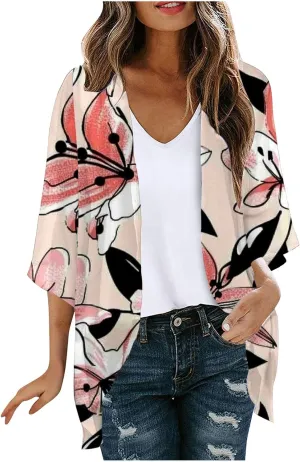 Cardigans for Women Trendy 3/4 Sleeve Open Front Cardigan Floral Printed Boho Kimono Summer Vacation Outfits