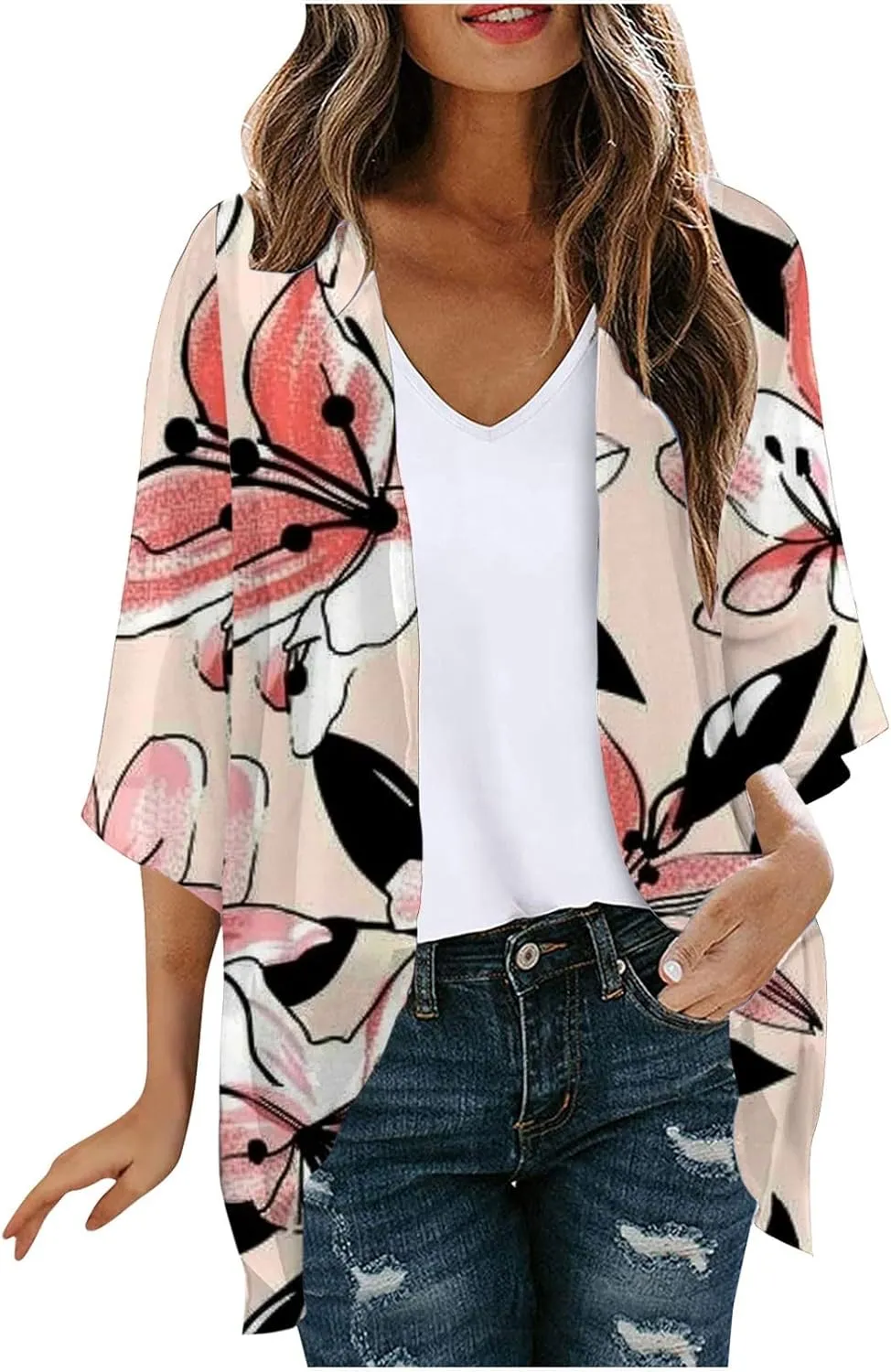 Cardigans for Women Trendy 3/4 Sleeve Open Front Cardigan Floral Printed Boho Kimono Summer Vacation Outfits