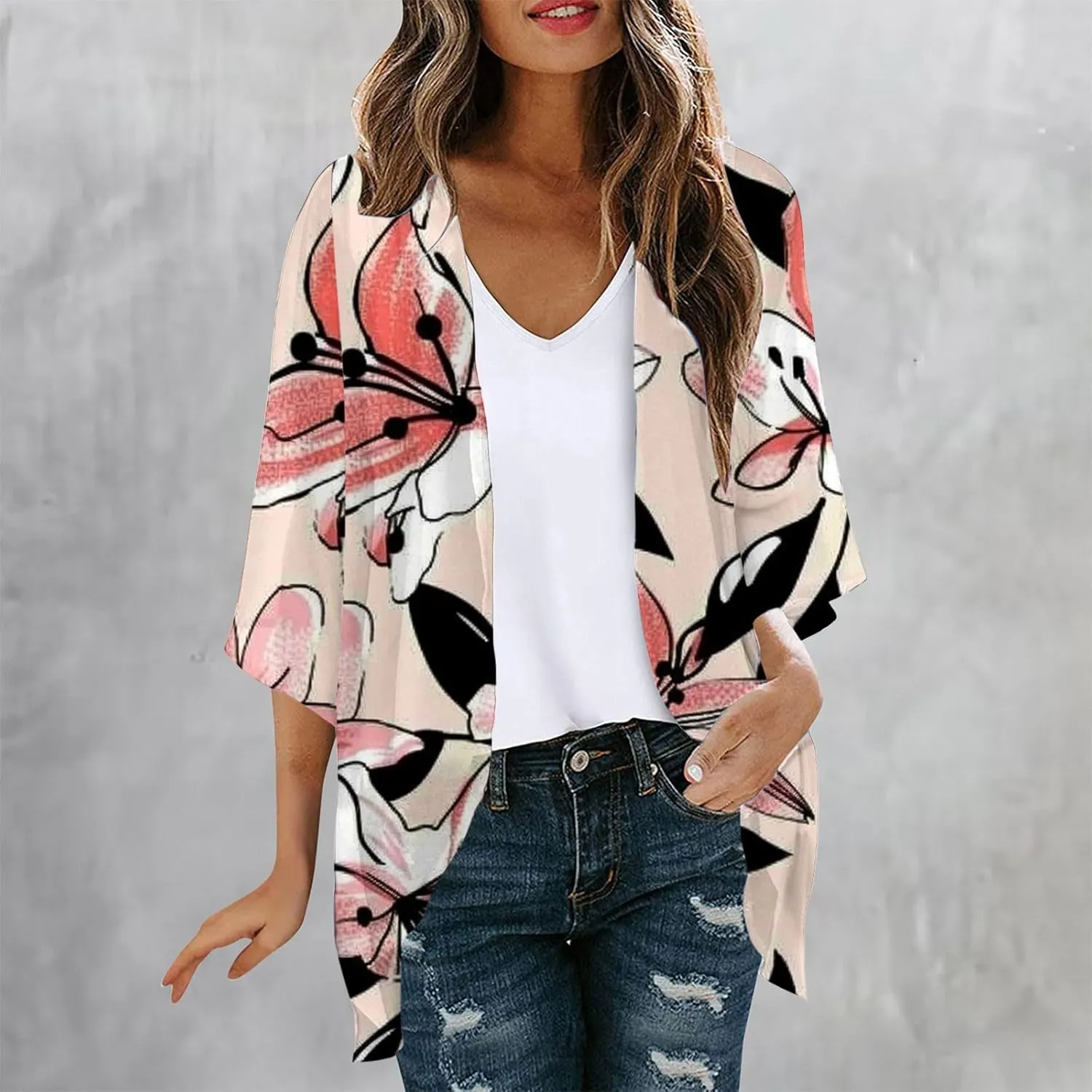 Cardigans for Women Trendy 3/4 Sleeve Open Front Cardigan Floral Printed Boho Kimono Summer Vacation Outfits