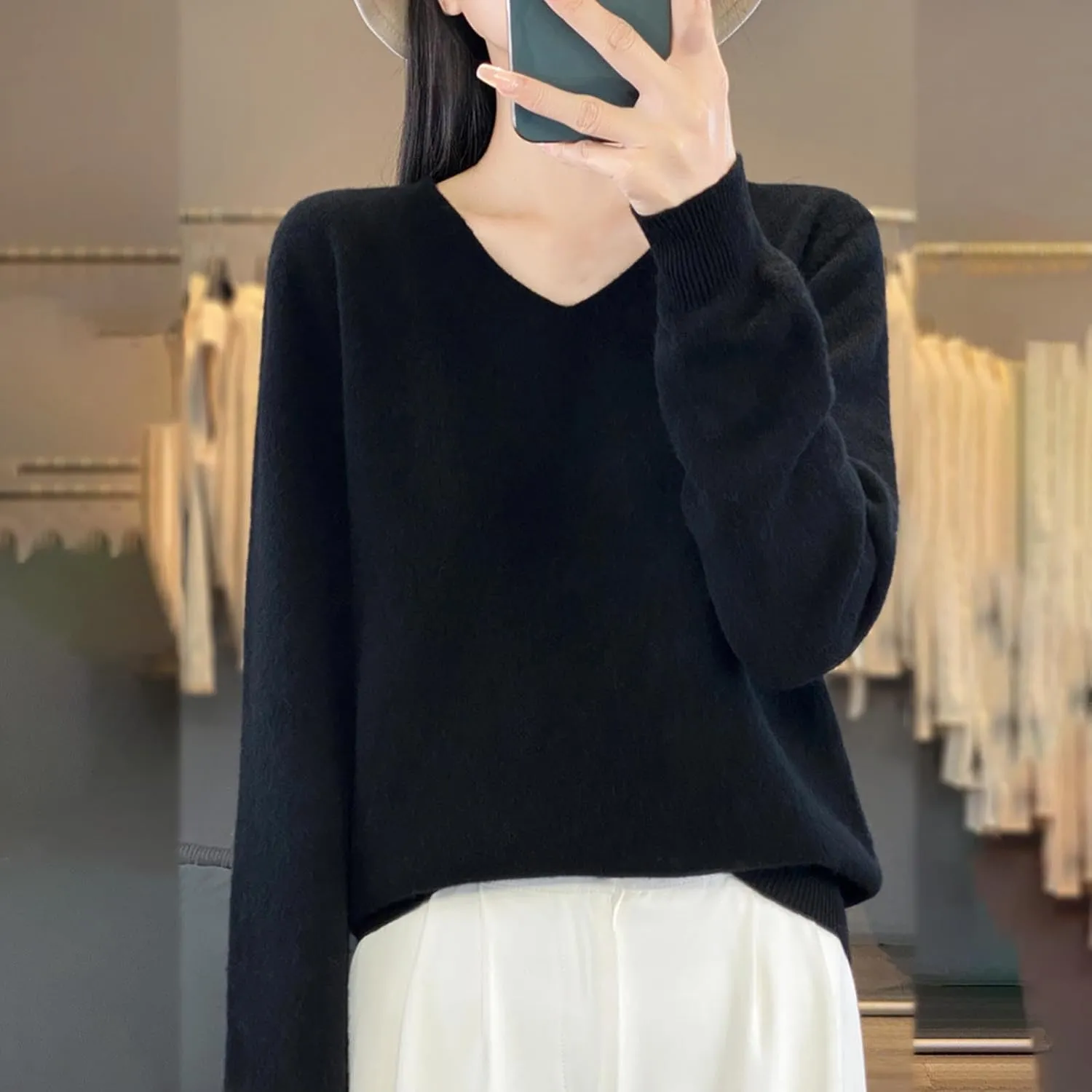 Cashmere Sweaters for Womens Long Sleeve V Neck Loose Pullover Tops Soft Warm Cozy Lightweight Knit Sweater