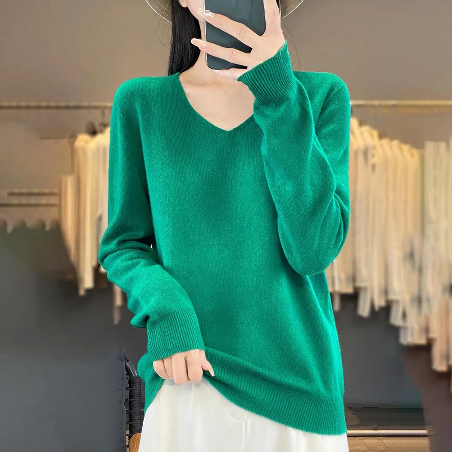 Cashmere Sweaters for Womens Long Sleeve V Neck Loose Pullover Tops Soft Warm Cozy Lightweight Knit Sweater