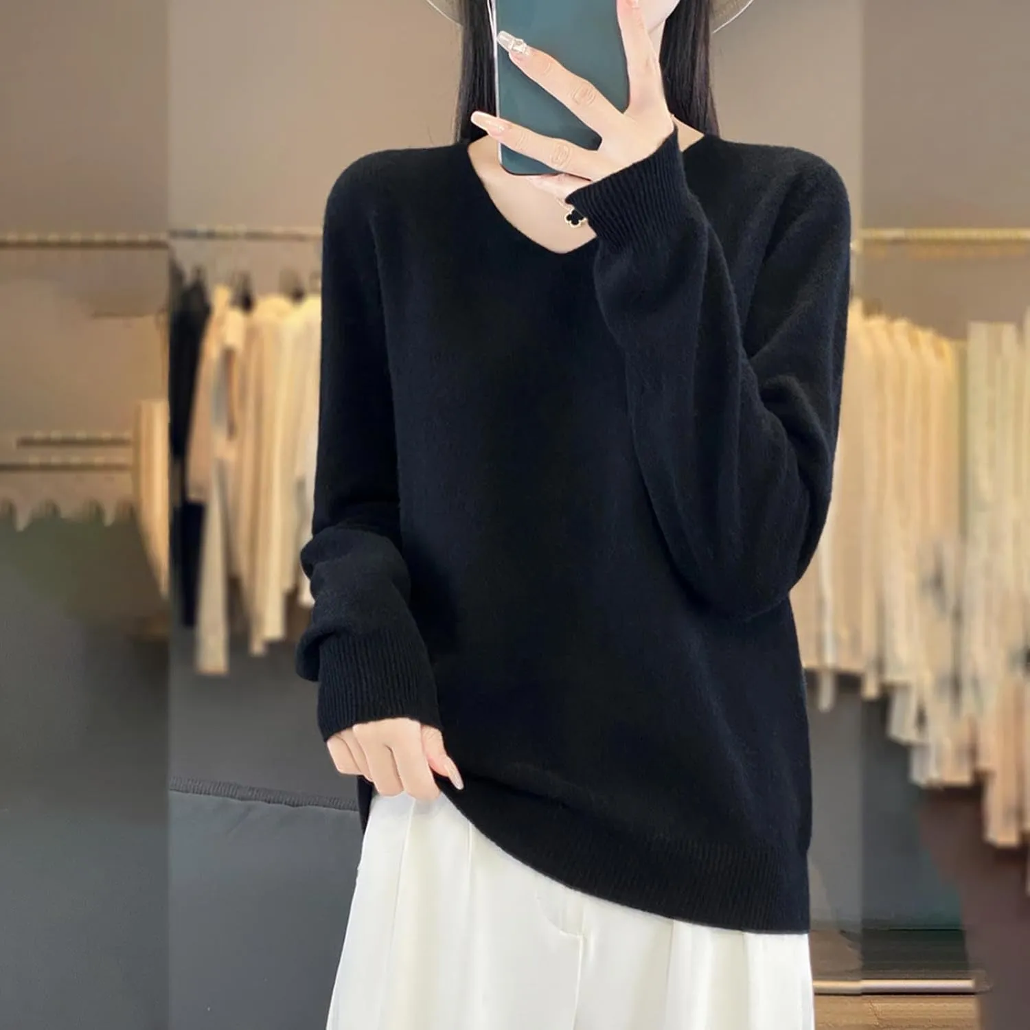 Cashmere Sweaters for Womens Long Sleeve V Neck Loose Pullover Tops Soft Warm Cozy Lightweight Knit Sweater
