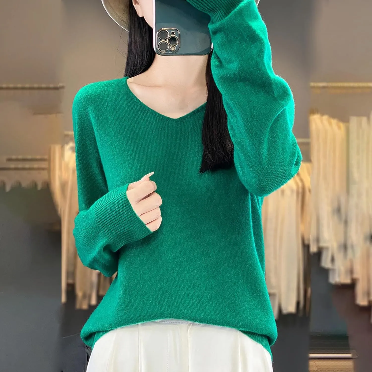 Cashmere Sweaters for Womens Long Sleeve V Neck Loose Pullover Tops Soft Warm Cozy Lightweight Knit Sweater