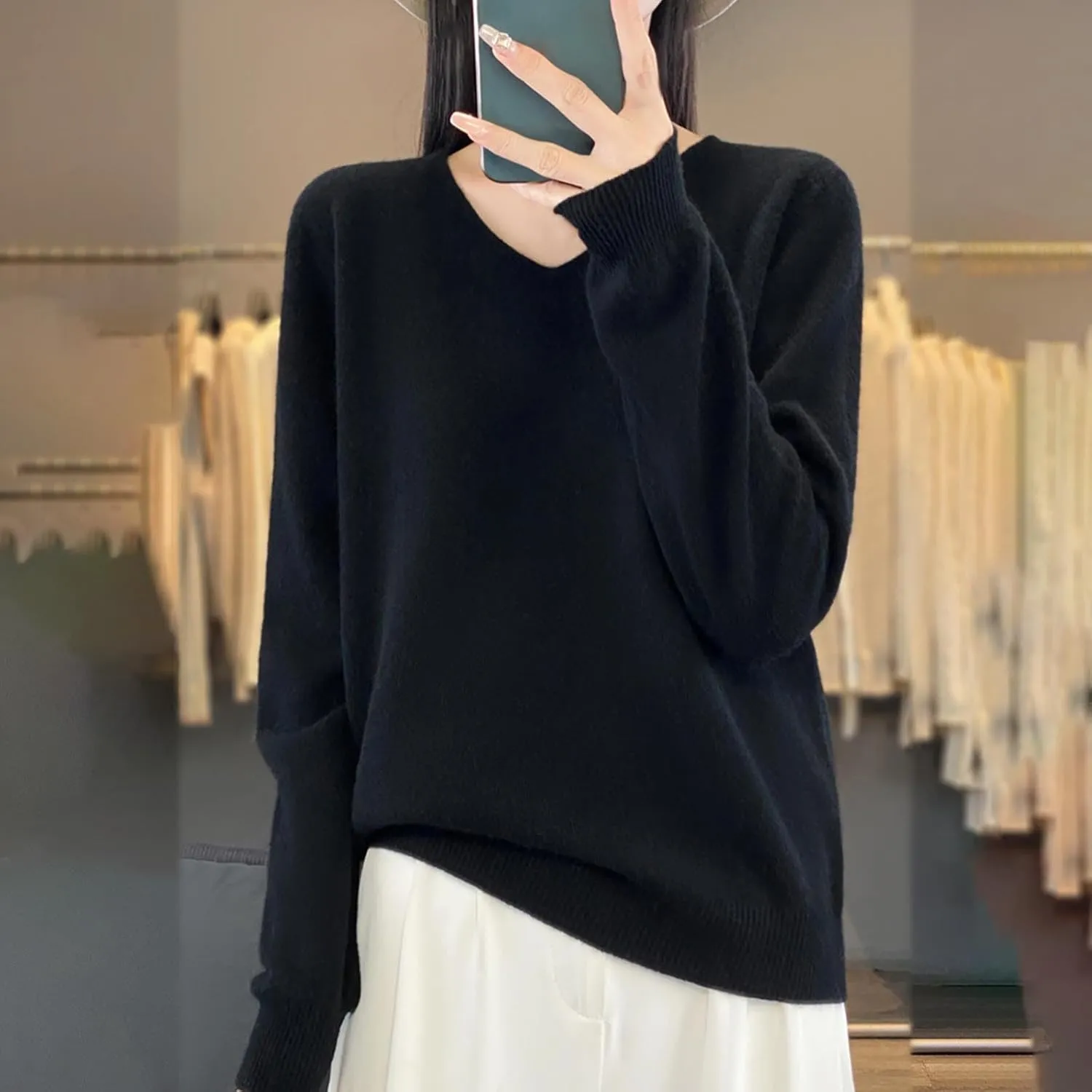 Cashmere Sweaters for Womens Long Sleeve V Neck Loose Pullover Tops Soft Warm Cozy Lightweight Knit Sweater