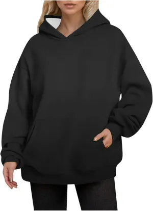 Casual Hoodies for Women Oversized Solid Pullover Tops Loose Comfy Long Sleeve Sweatshirts with Pockets Fall Clothes