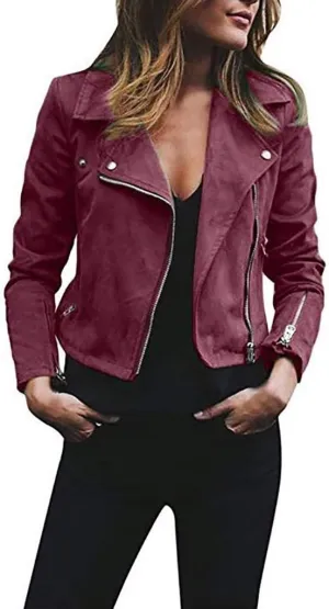 Cdiecer Women's Faux Suede Motocross Jacket Zipped Notch Collar Moto Biker Jacket Lightweight Solid Fitted Slim Coat