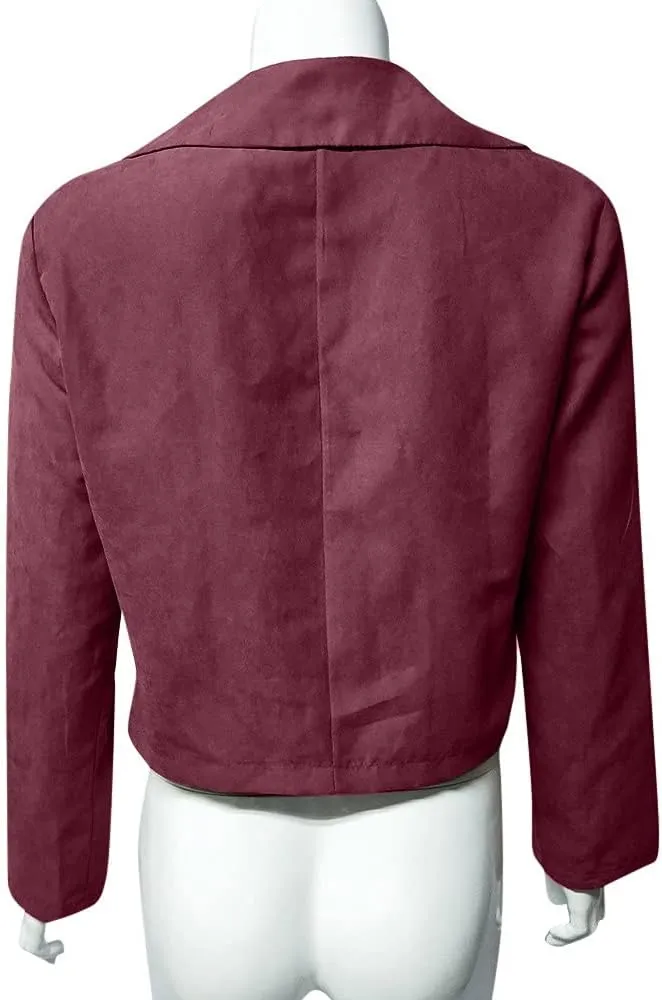 Cdiecer Women's Faux Suede Motocross Jacket Zipped Notch Collar Moto Biker Jacket Lightweight Solid Fitted Slim Coat