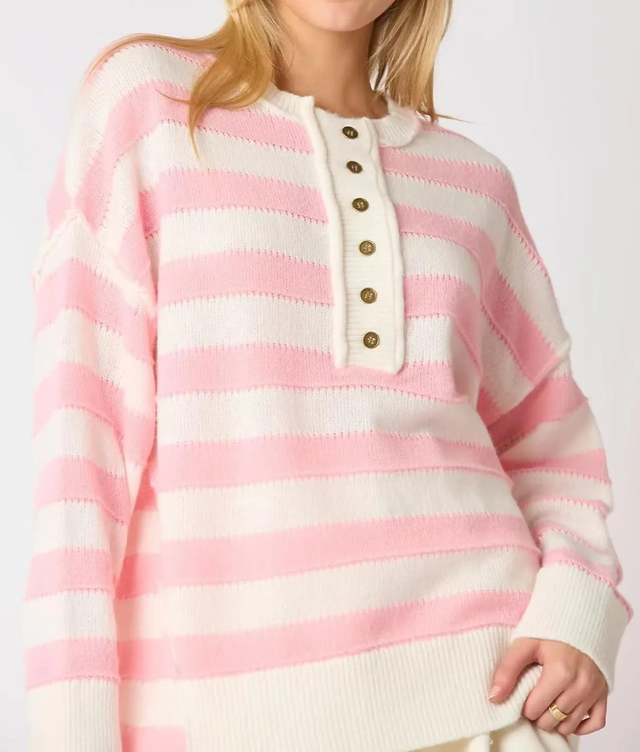 cffvdiz Women's Cable Knit Pullover Sweater Casual Loose Long Sleeve Striped Button Winter Sweater Tops