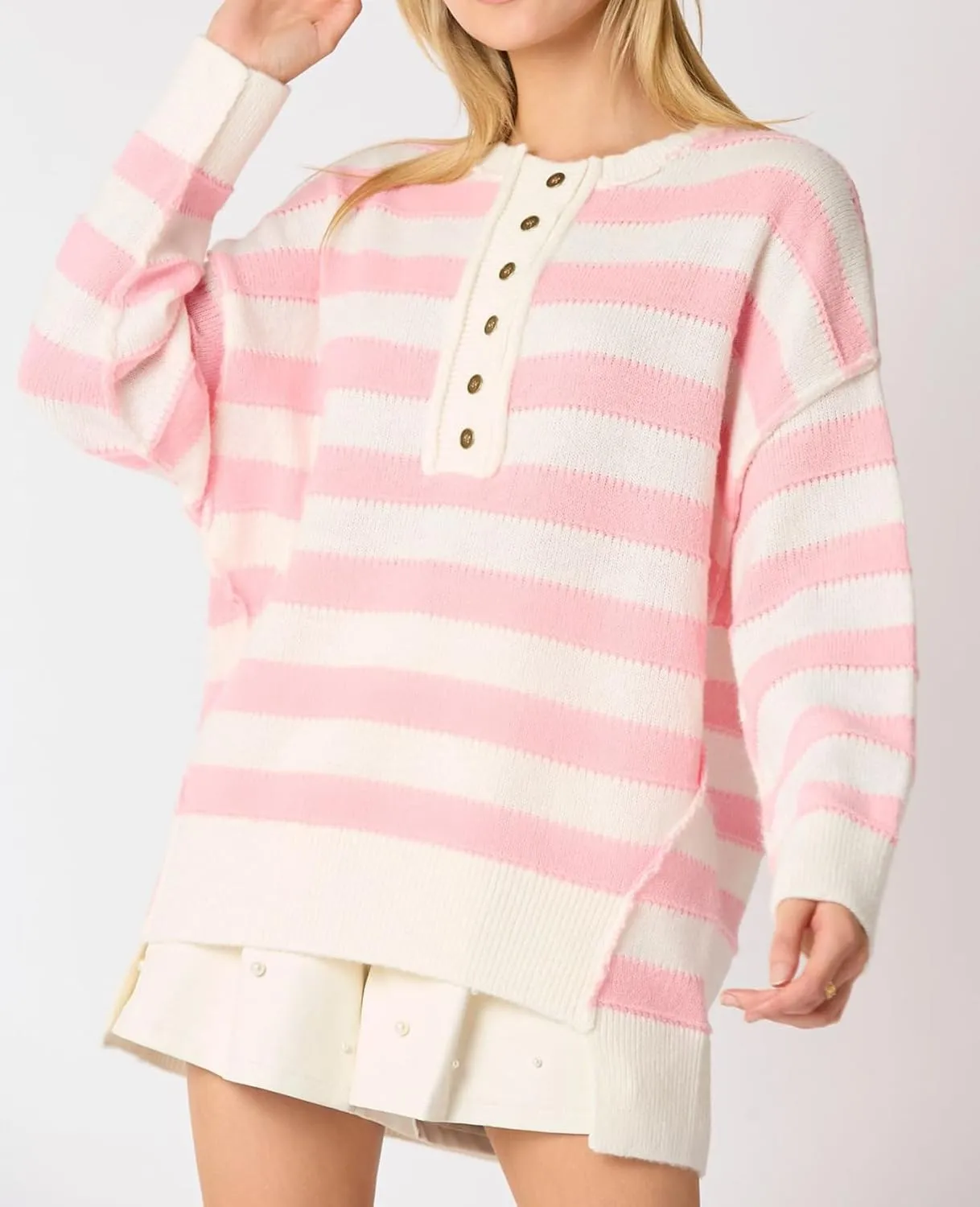 cffvdiz Women's Cable Knit Pullover Sweater Casual Loose Long Sleeve Striped Button Winter Sweater Tops