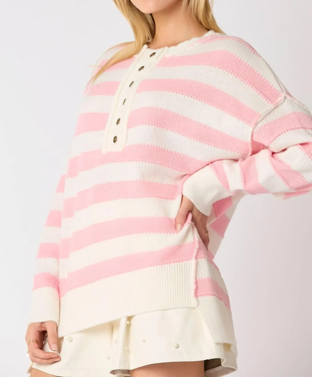 cffvdiz Women's Cable Knit Pullover Sweater Casual Loose Long Sleeve Striped Button Winter Sweater Tops