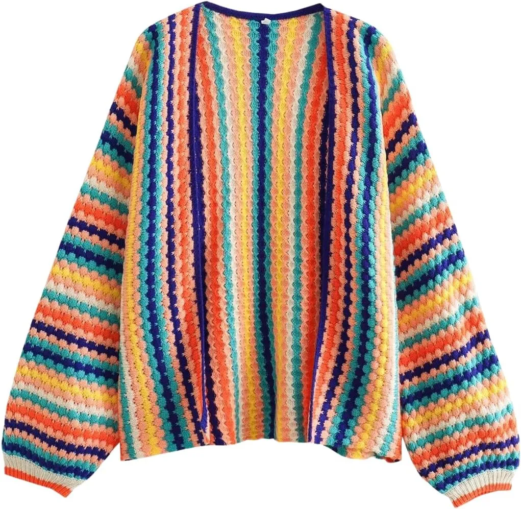 CHARTOU Womens Rainbow Striped Cable Knit Cardigan Sweaters Open Front Color Block Loose Long Sleeve Outwear